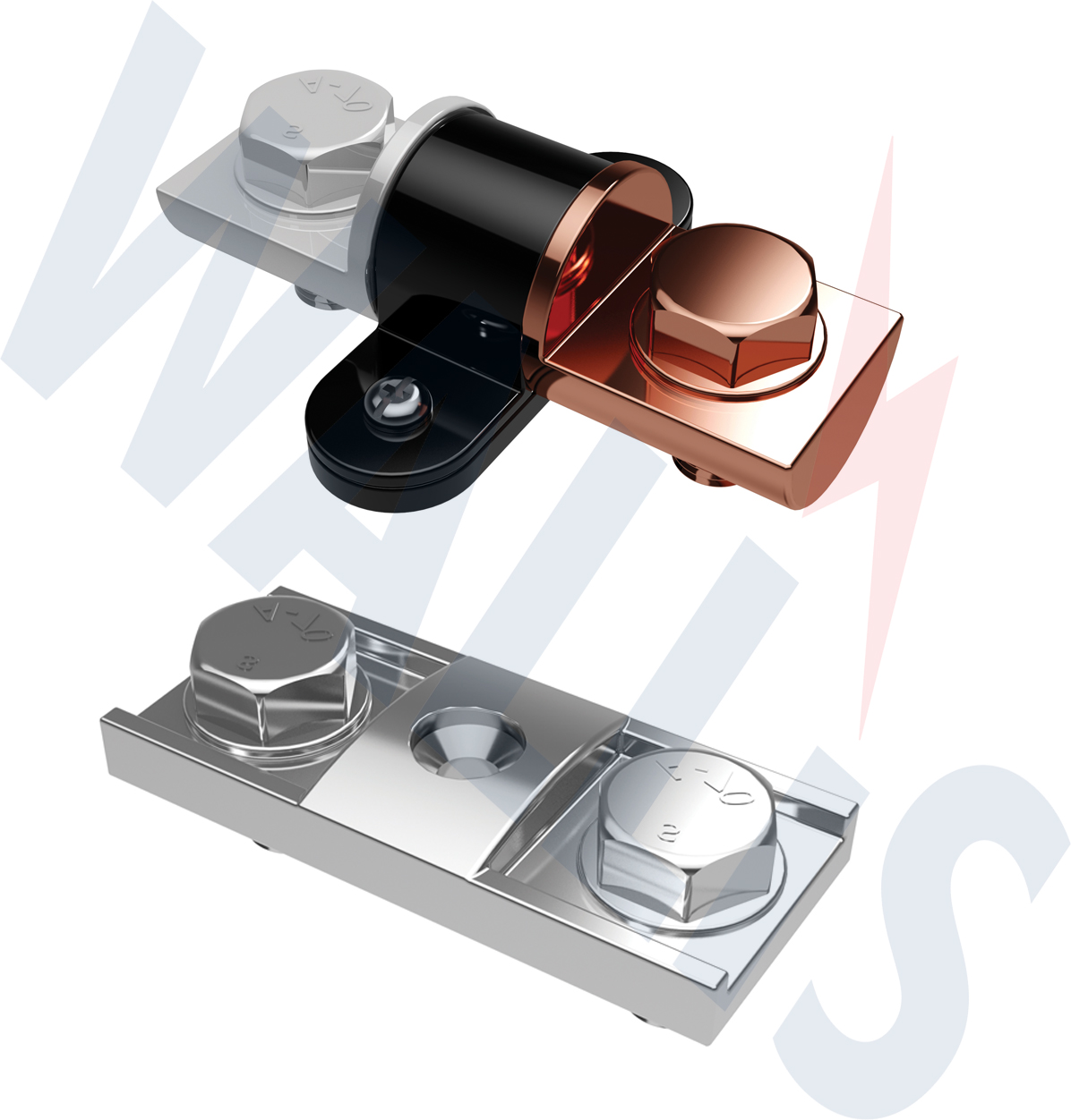 An image of the aluminium to copper and stainless steel bimetallic connectors