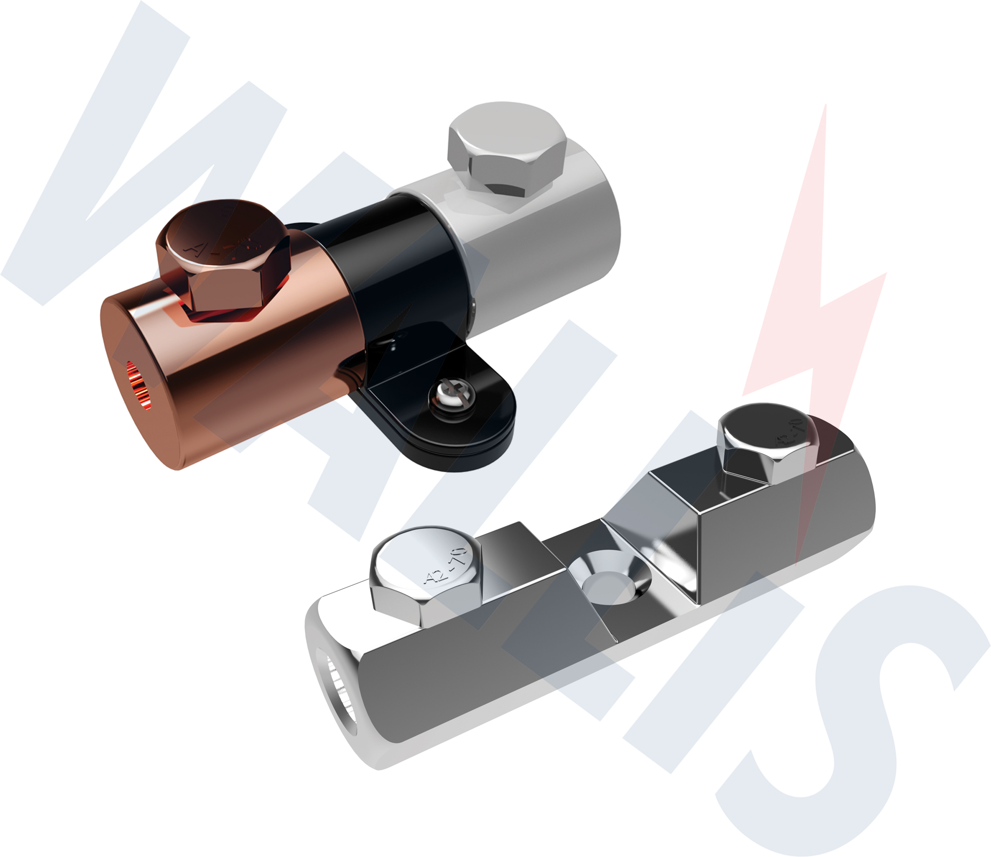 An image of 2 Wallis bimetallic connectors for 8mm solid circular conductors