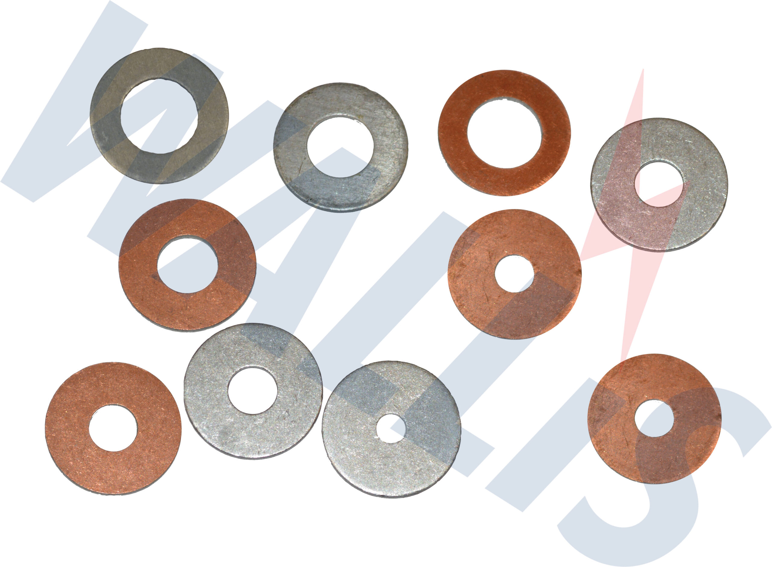 An image of the Wallis bimetallic twin washers in copper and aluminium