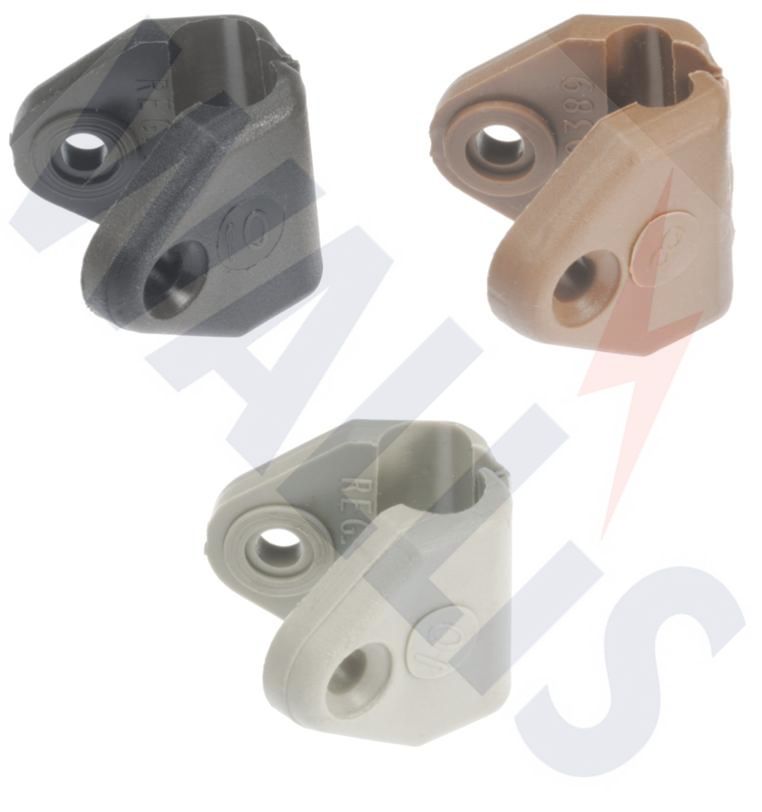 An image of 3 different coloured non metallic down conductor clips