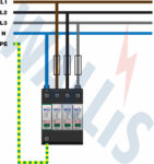 Wiring diagram of a WSP-T1PDM3-12 mains distribution surge protector