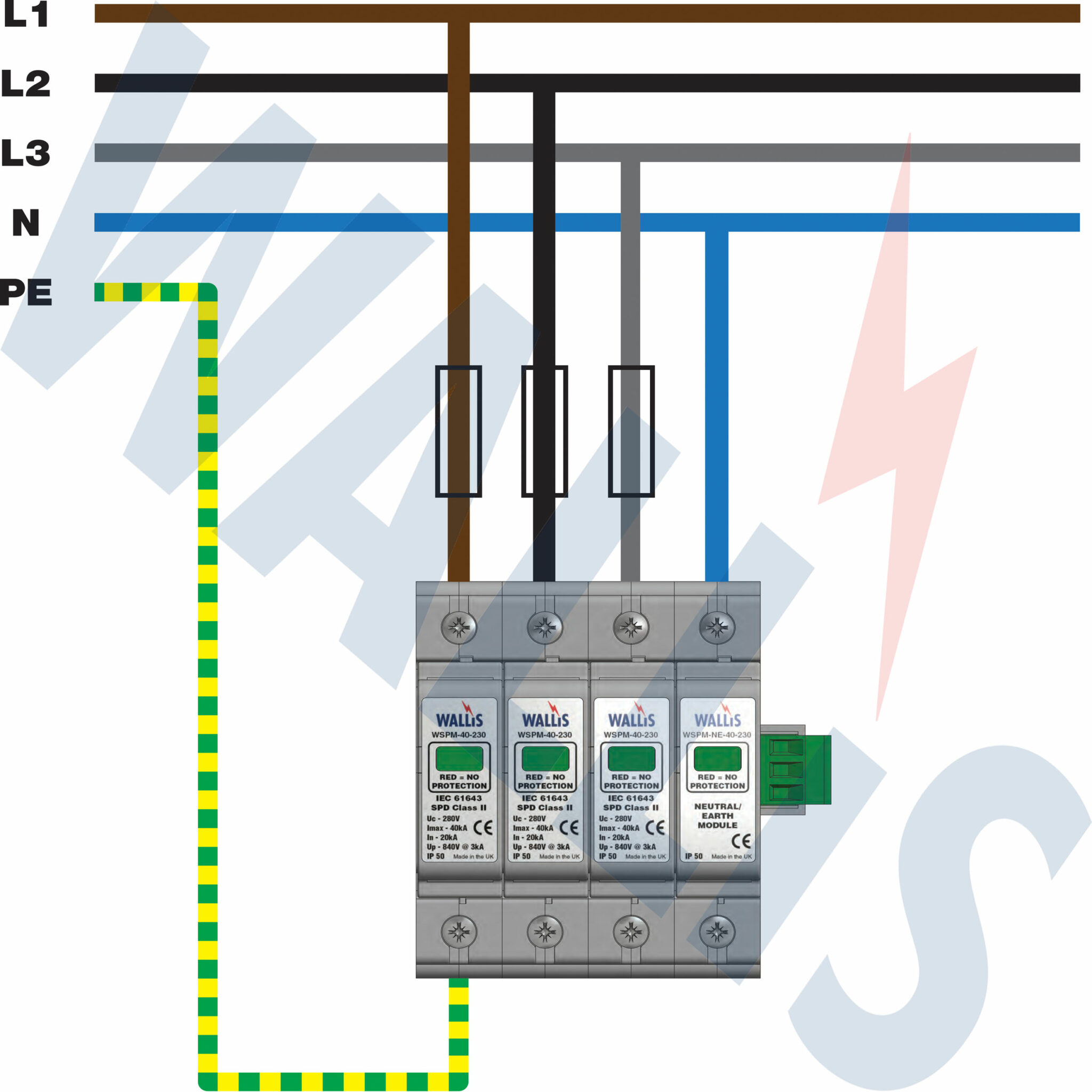 WSP3M/40/230NR (Mains, Type 2 + 3) Mains Distribution Protection